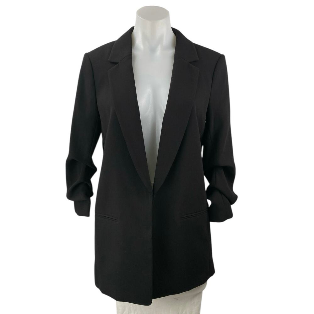 H&M Women's Blue Black Open Front Ruched 3/4 Sleeve Blazer Coat Jacket Size S